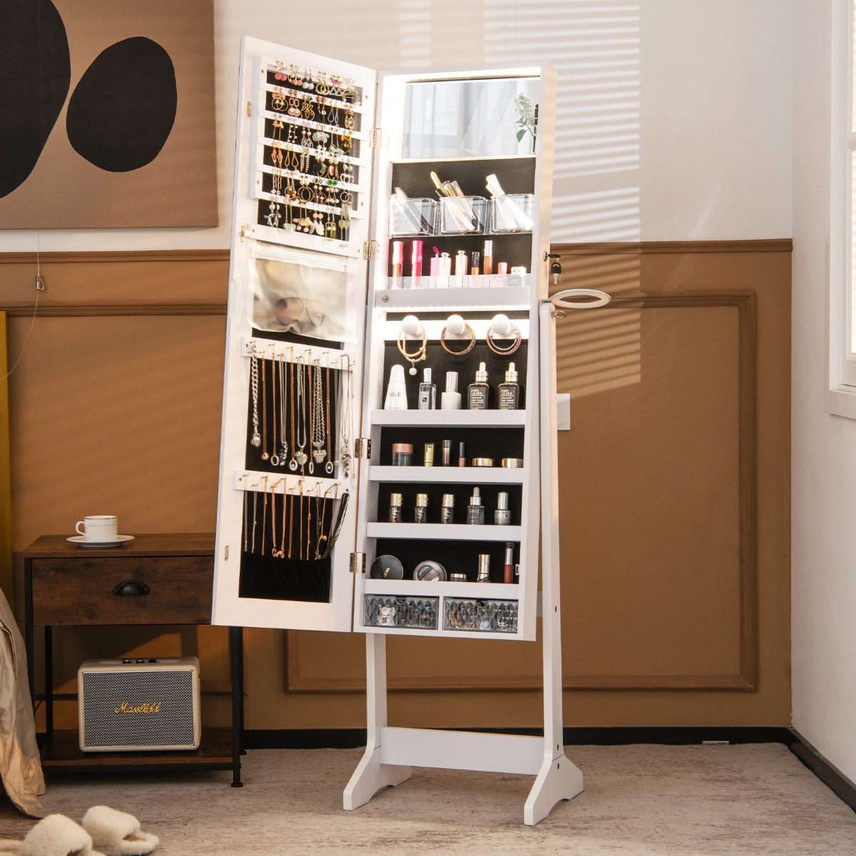 LED Schmuckschrank mit Ganzkörperspiegel und Schminkspiegel 41 x 37 x 156 cm Weiß