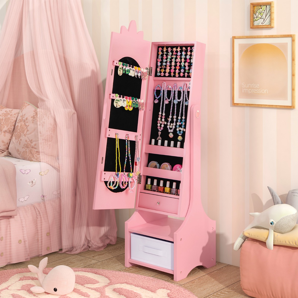 2 in 1 Kinder Schmuckschrank mit Ganzkörperspiegel & Schublade Spiegelschrank Schminkspiegel Rosa