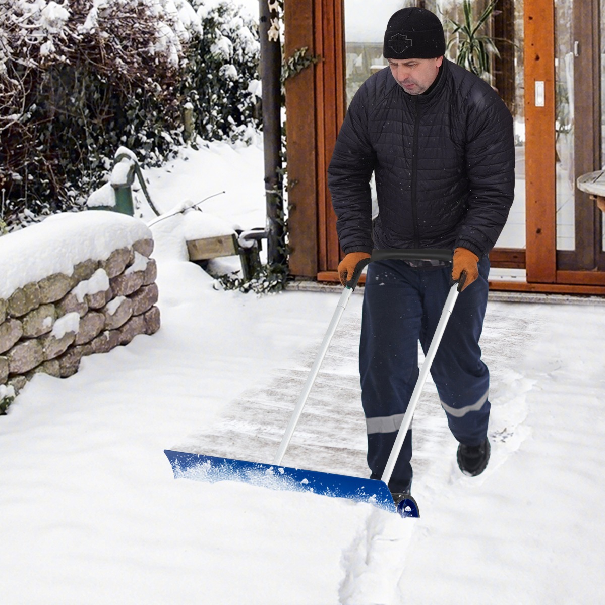 Schneeschaufel auf Rädern Schneeschild 95 cm höhenverstellbar Schneeräumer Alu