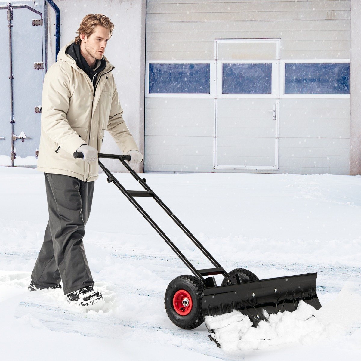 Schneeschaufel auf Rädern 91,5 cm Arbeitsbreite höhenverstellbar & Einstellbarer Winkel Schwarz