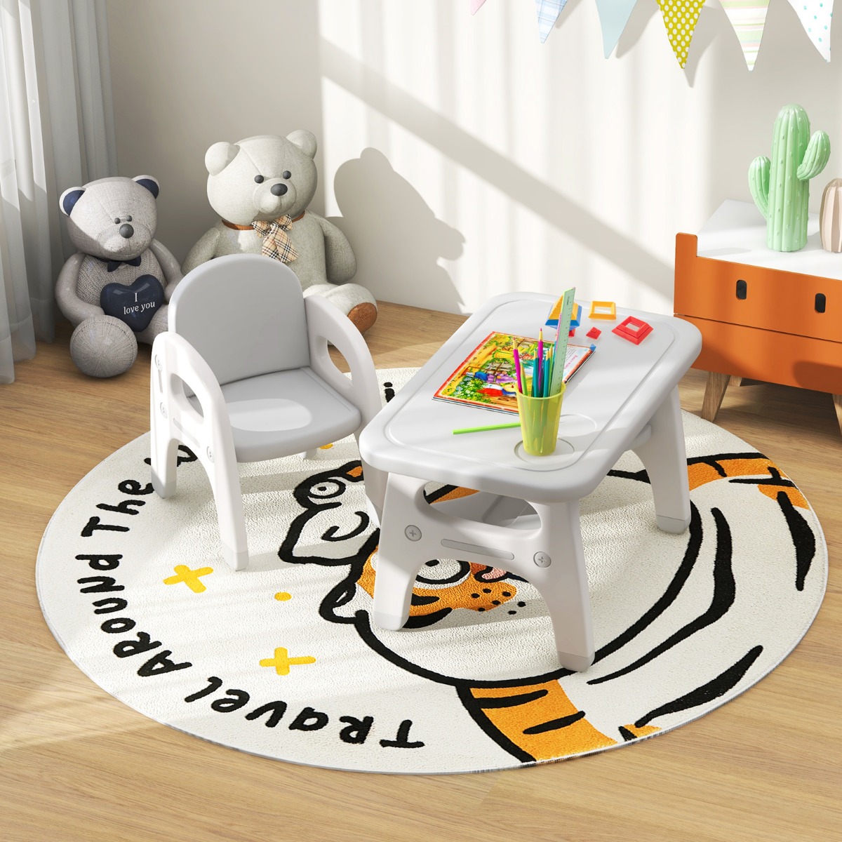 Kindertisch mit Stuhl Kindersitzgruppe mit Bauklötze & Ablage Kinder Tisch Stuhl Set Grau