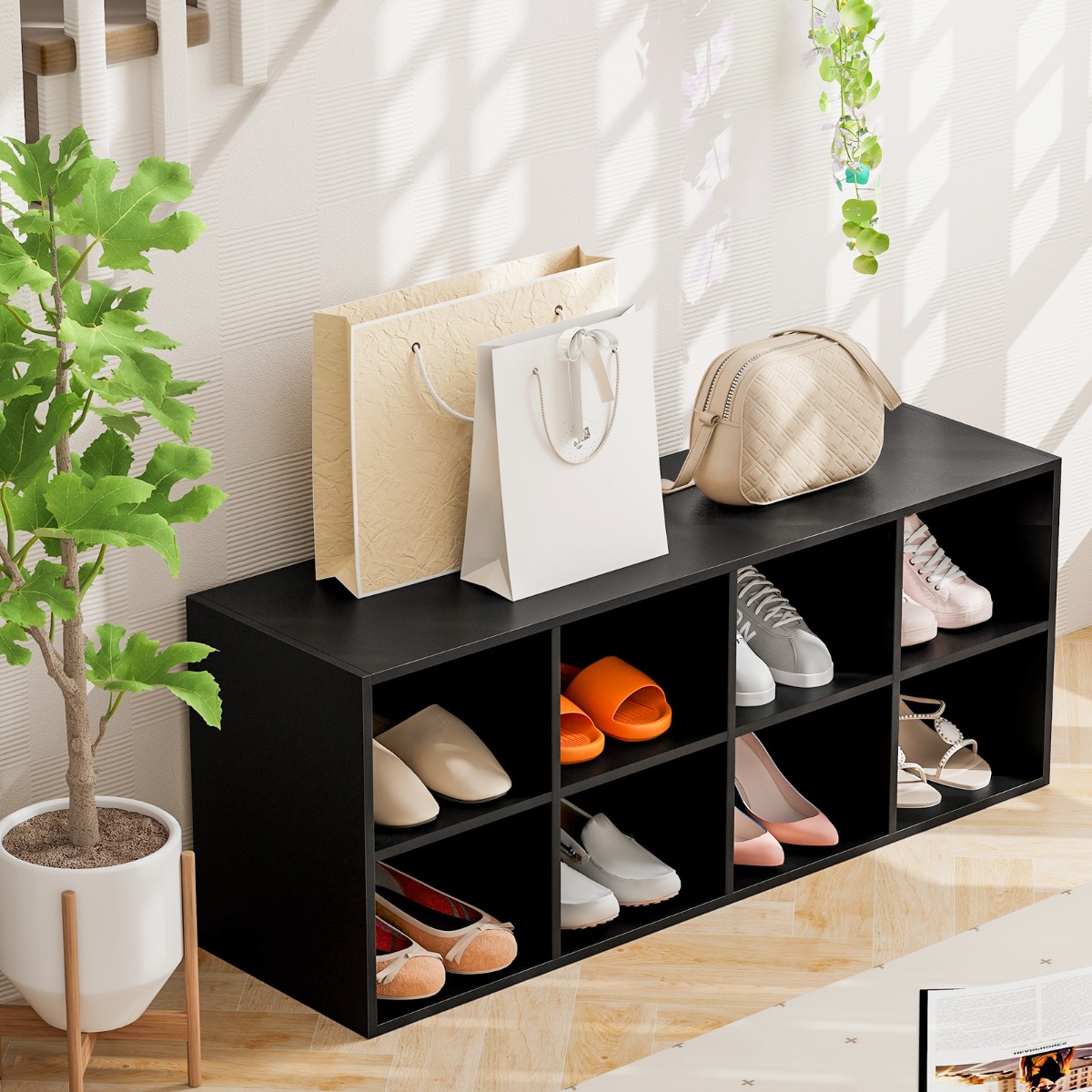 Holz Schuhbank mit Sitzfläche & 8 Offenen Fächern 230kg Belastbar Schuhschrank Schwarz Bücherschrank