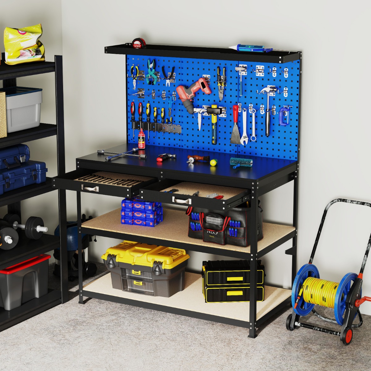 Werkbank 121 x 61 cm 230 kg Tragkraft Arbeitstisch mit Lochwand Werktisch Werkzeugbank Blau