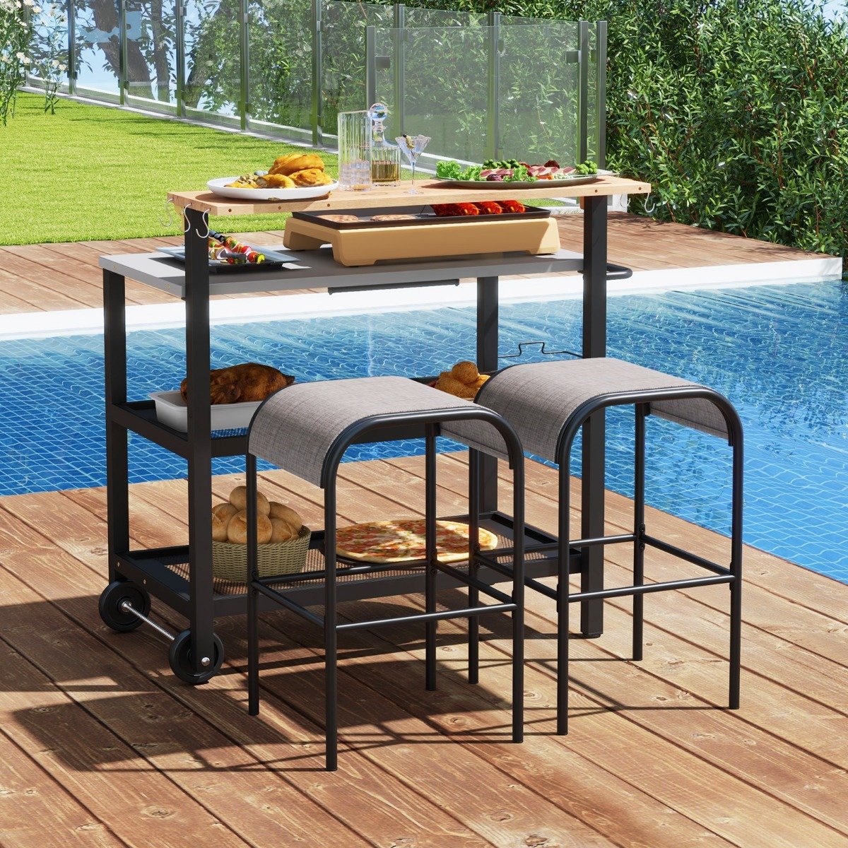 Grillwagen mit Aufklappbarem Tisch & Haken & Handtuchhalter & Müllbeutelhalter Grilltisch