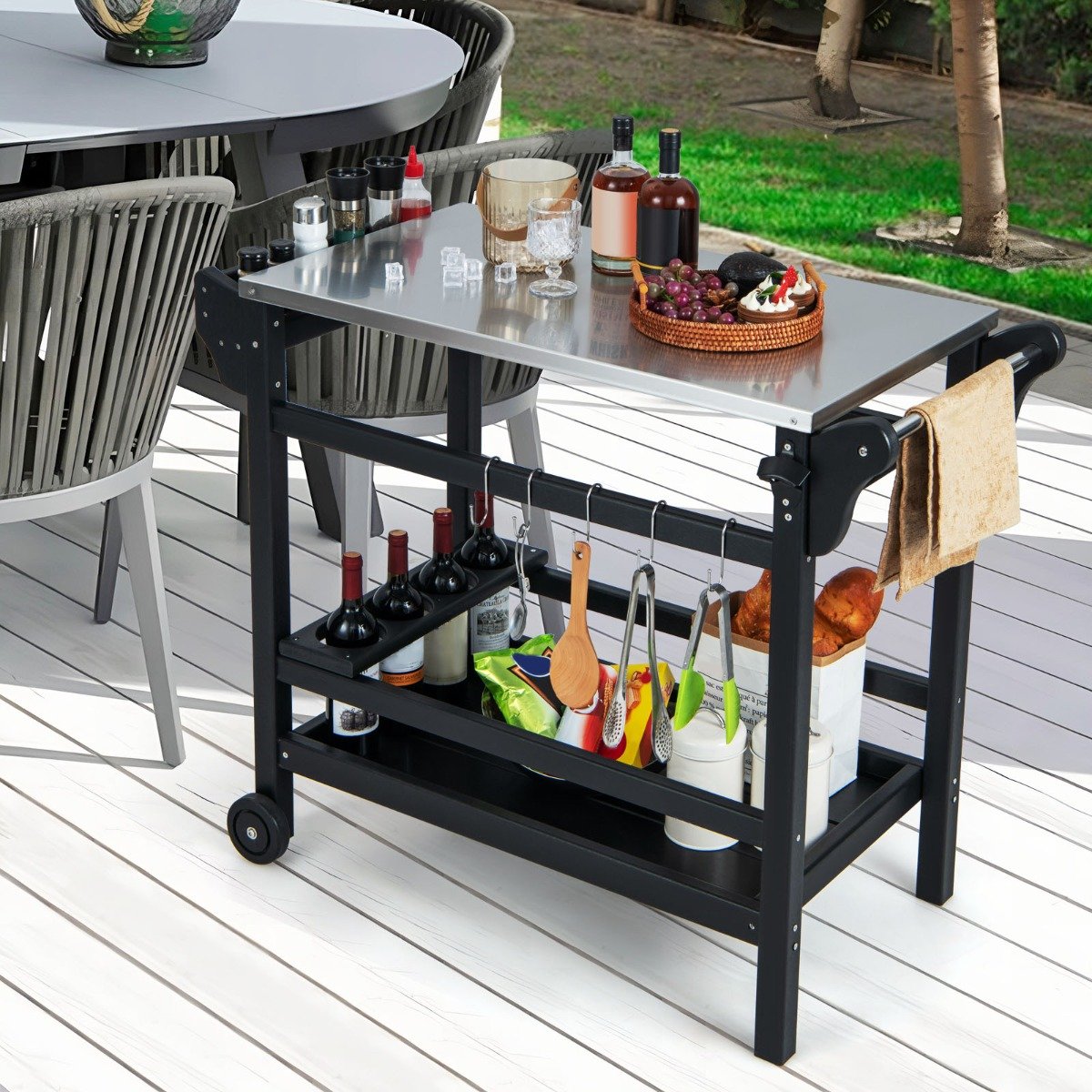 Grillwagen aus HDPE mit Gewürztablett & Weinflaschenregal & Griff & 2 Rollen Grilltisch