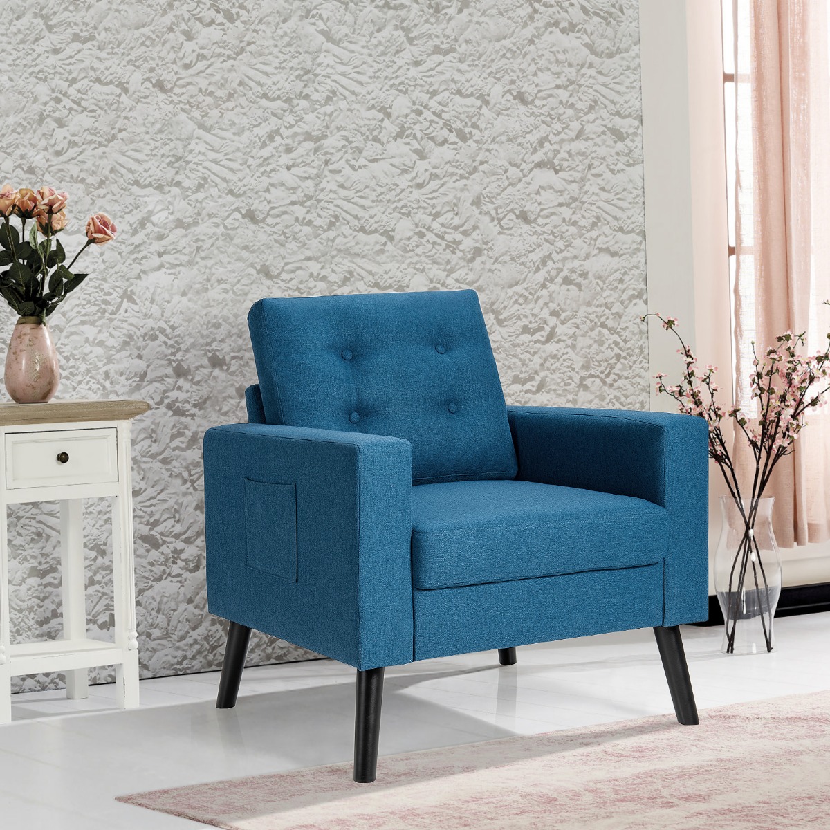 Sessel mit 2 Seitentaschen Ohrensessel mit Armlehnen und Rückenkissen 75 x 81 x 86 cm Blau 53cm Sitztiefe