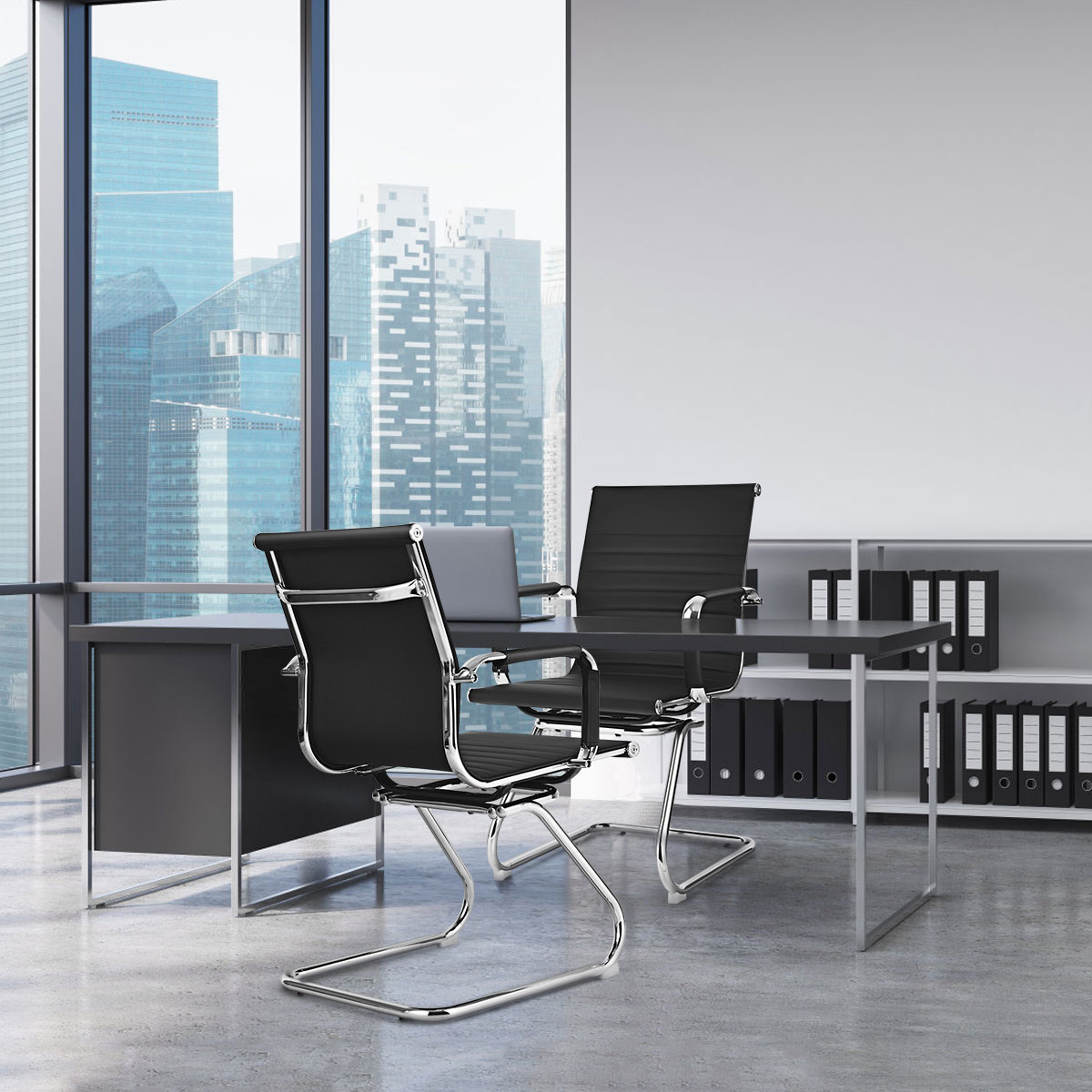 Set aus 2 Bürostühlen moderne Konferenzstühle mit mittlerer Rückenlehne & Kufengestell Schwarz