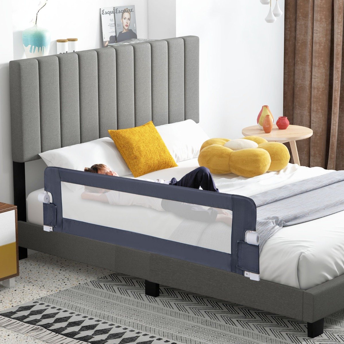 Klappbares Bettgitter mit Verstellbarer & EIN-klick-Faltung Gurte Bettschutzgitter 150 x 42cm Grau