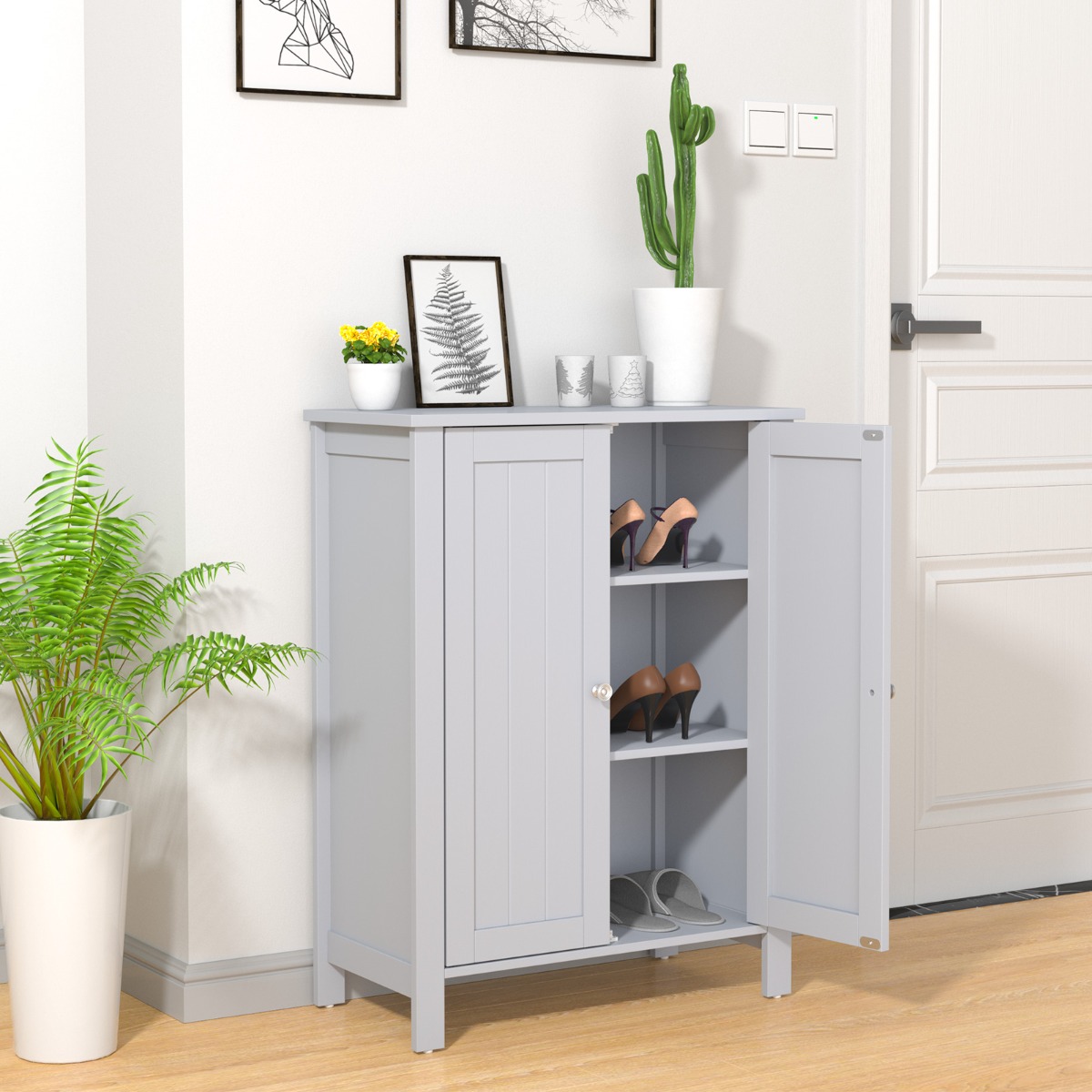 Badezimmerschrank Beistellschrank mit Doppeltür & Verstellbarer Einlegeboden Kommode Sideboard Grau