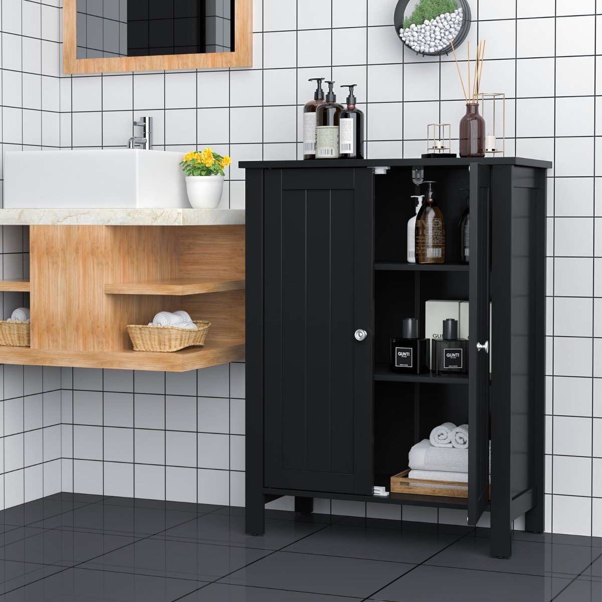Badezimmerschrank Beistellschrank mit Doppeltür & Verstellbarer Einlegeboden Kommode Sideboard Schwarz
