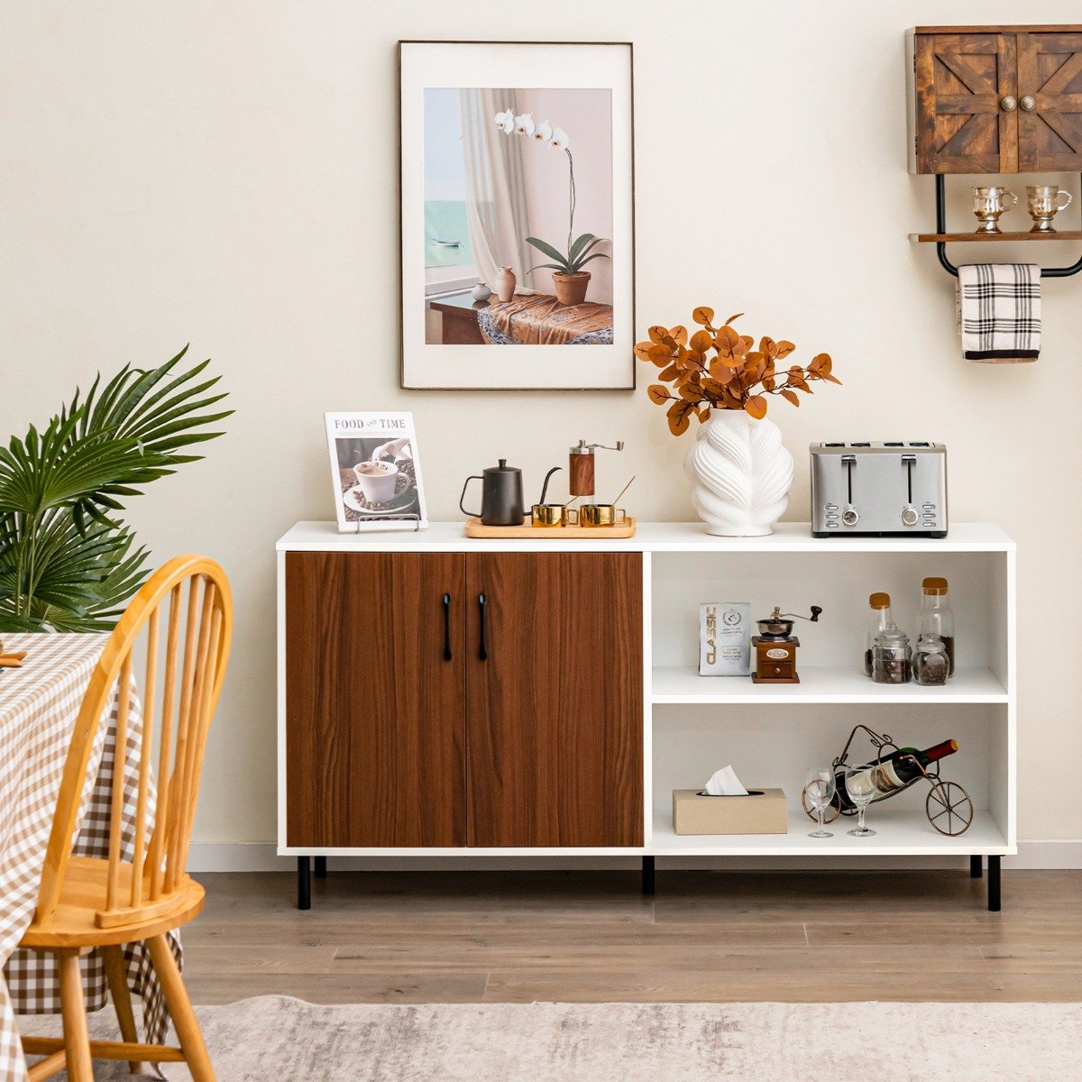 Sideboard mit Schrank und 2 offenen Fächern Kommode aus Holz 148 x 40 x 75cm Walnuss