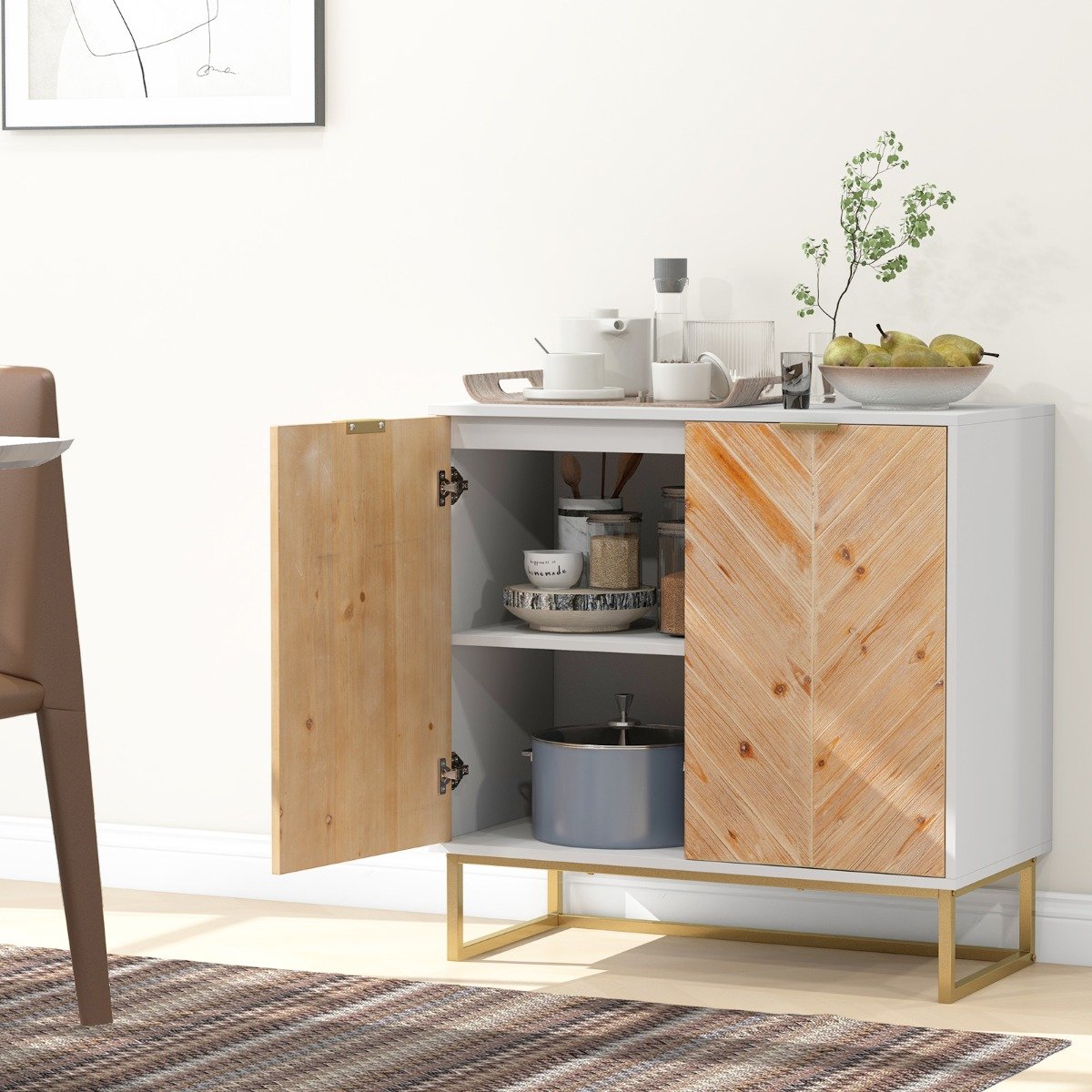 Sideboard mit 2 Türen Küchenschrank mit Regal Buffetschrank modern mit Metallbeinen Weiß 80 x 40 x 80 cm