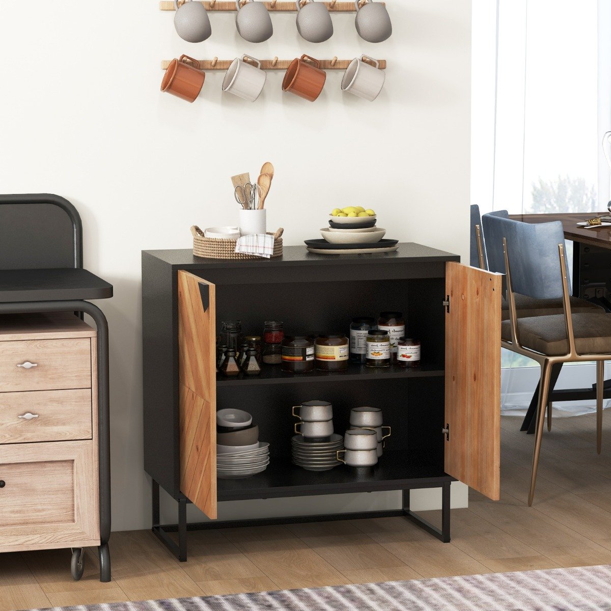 Sideboard mit 2 Türen Küchenschrank mit Regal Buffetschrank modern mit Metallbeinen 80 x 40 x 80 cm Schwarz