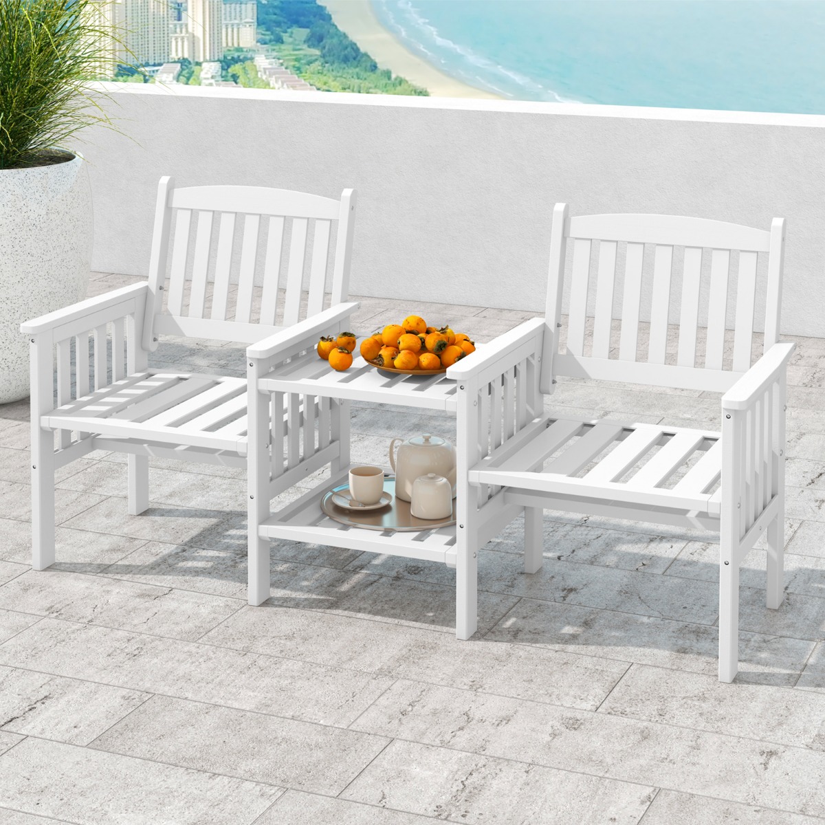 Gartenbank mit Tisch 2-Sitzer Bank mit 5 cm Schirmloch Holzbank aus Tannenholz bis 330 kg 165 x 60 x 88 cm Weiß