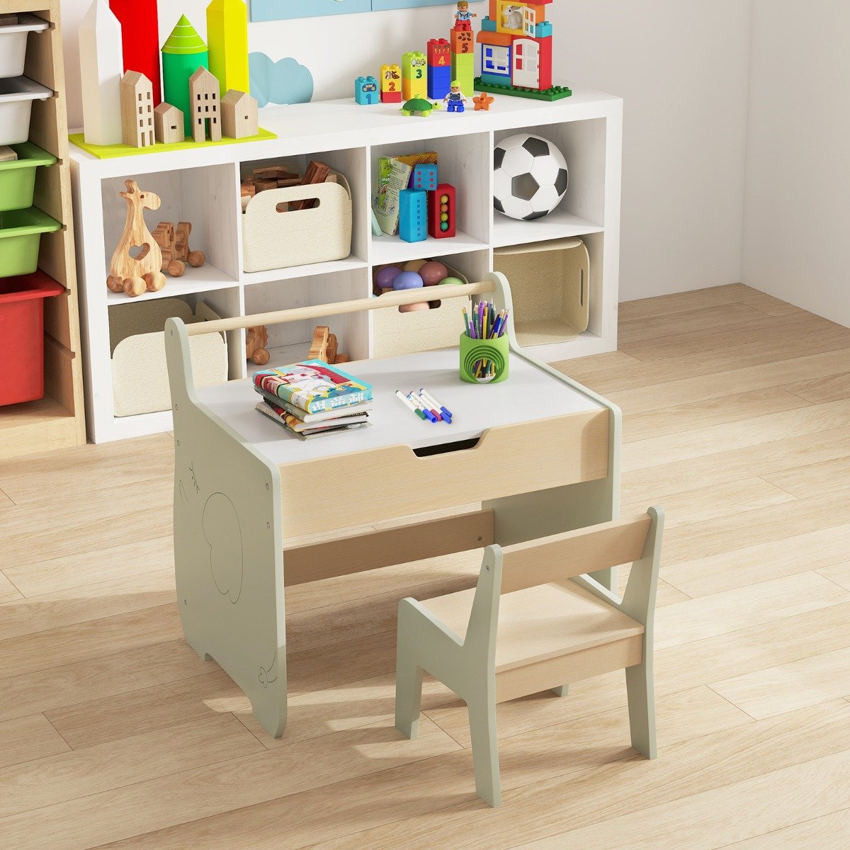 3 in 1 Kindersitzgruppe aus Holz Kindertisch mit Stuhl Kinder Maltisch mit Wendbarer Tischplatte