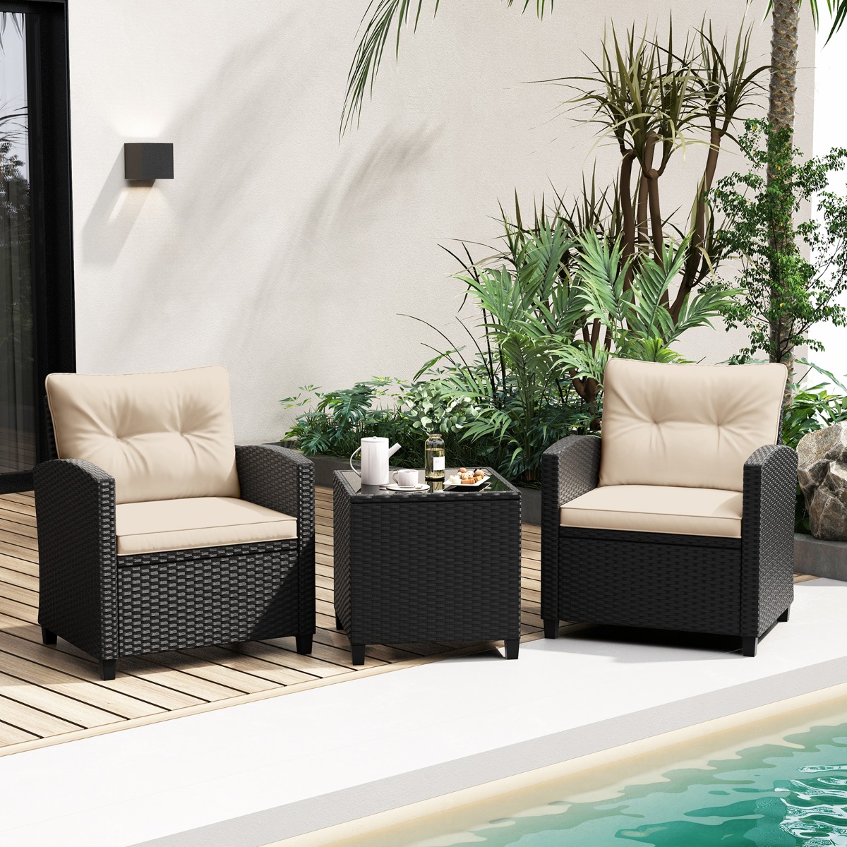 3 TLG. Rattan Gartenmöbel Set inkl. 2 Sessel & 1 Beistelltisch Sitzgarnitur mit Kissen Sitzgruppe Beige