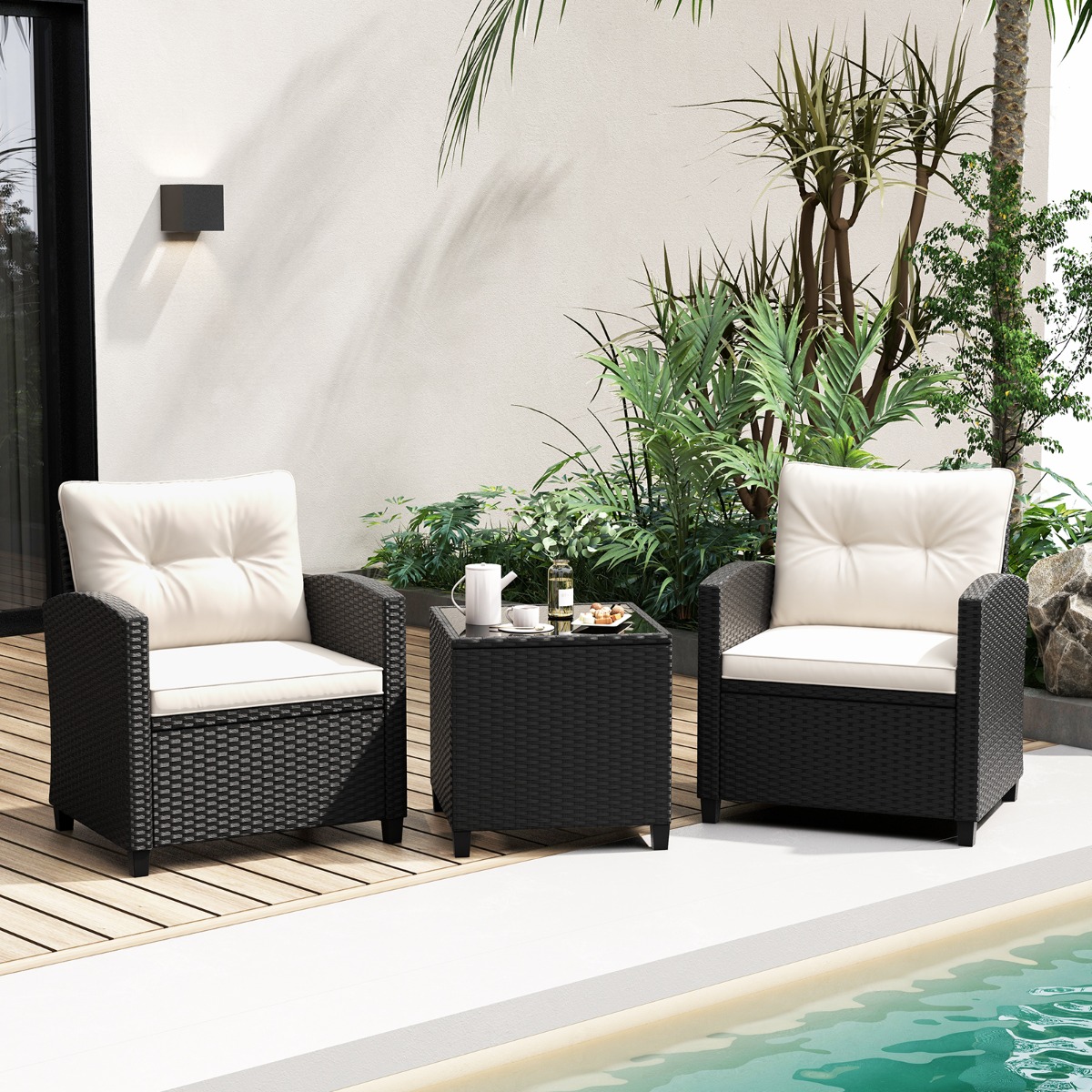 3 TLG. Rattan Gartenmöbel Set inkl. 2 Sessel & 1 Beistelltisch Sitzgarnitur mit Kissen Sitzgruppe Weiß