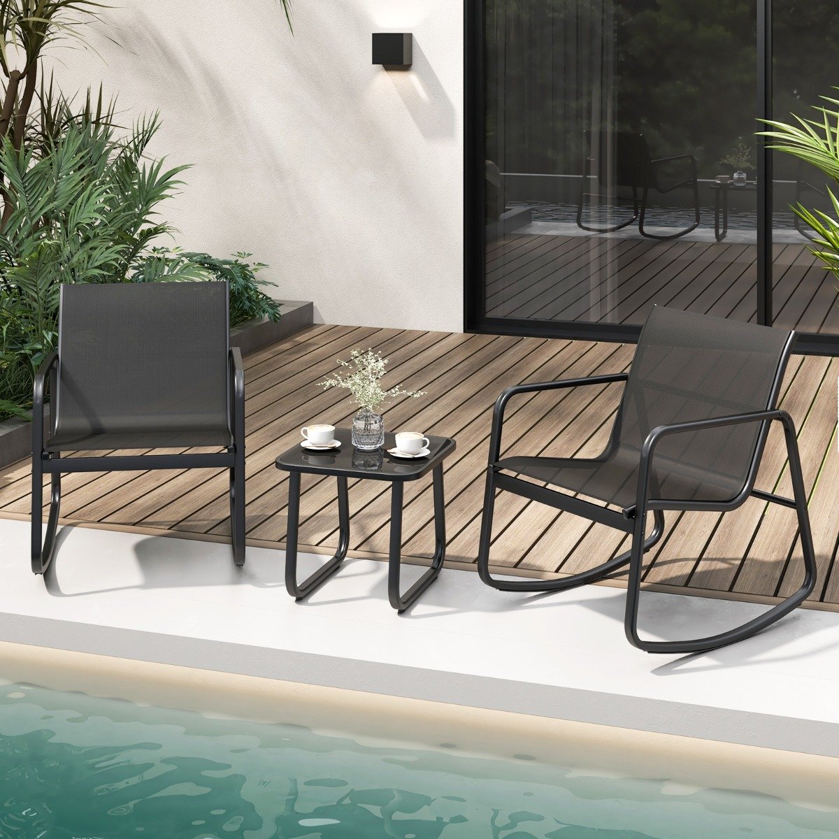 3-TLG. Gartenmöbel Set mit 2 Stühle & Tisch & Sanfter Schaukelbewegung Gartengarnitur