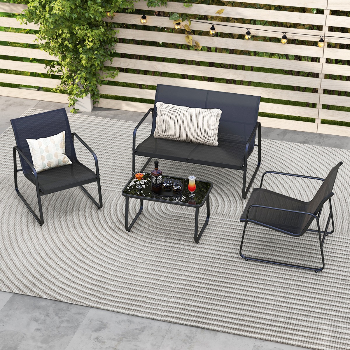 4 TLG. Terrassenmöbel-Set mit Kaffeetisch aus Gehärtetem Glas Sitzgruppe Sofagarnitur Schwarz