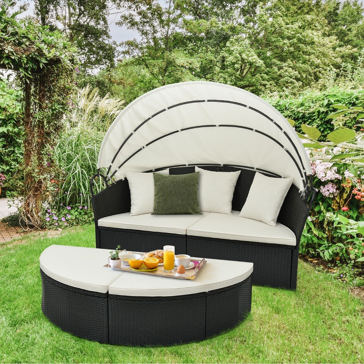 Rattan Sonnenliege rund 2-3 Personen Gartenliege mit Sitzkissen & Rückenkissen & einziehbarem Baldachin