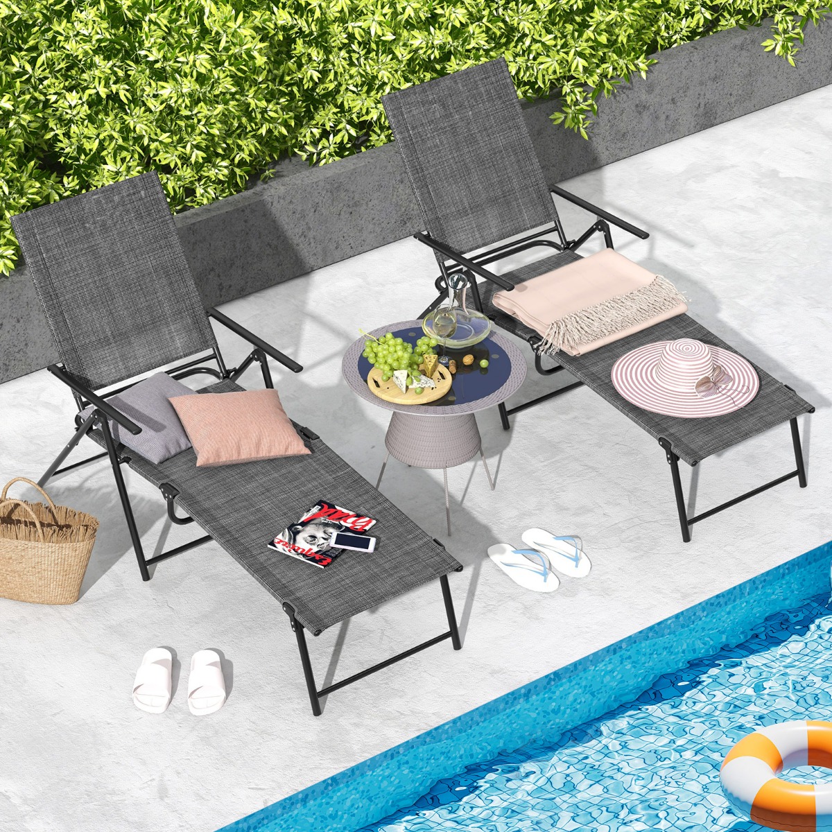 2er Set Sonnenliege klappbar Gartenliege mit Verstellbarer Rückenlehne Grau 155–189 x 64 x 65–102 cm