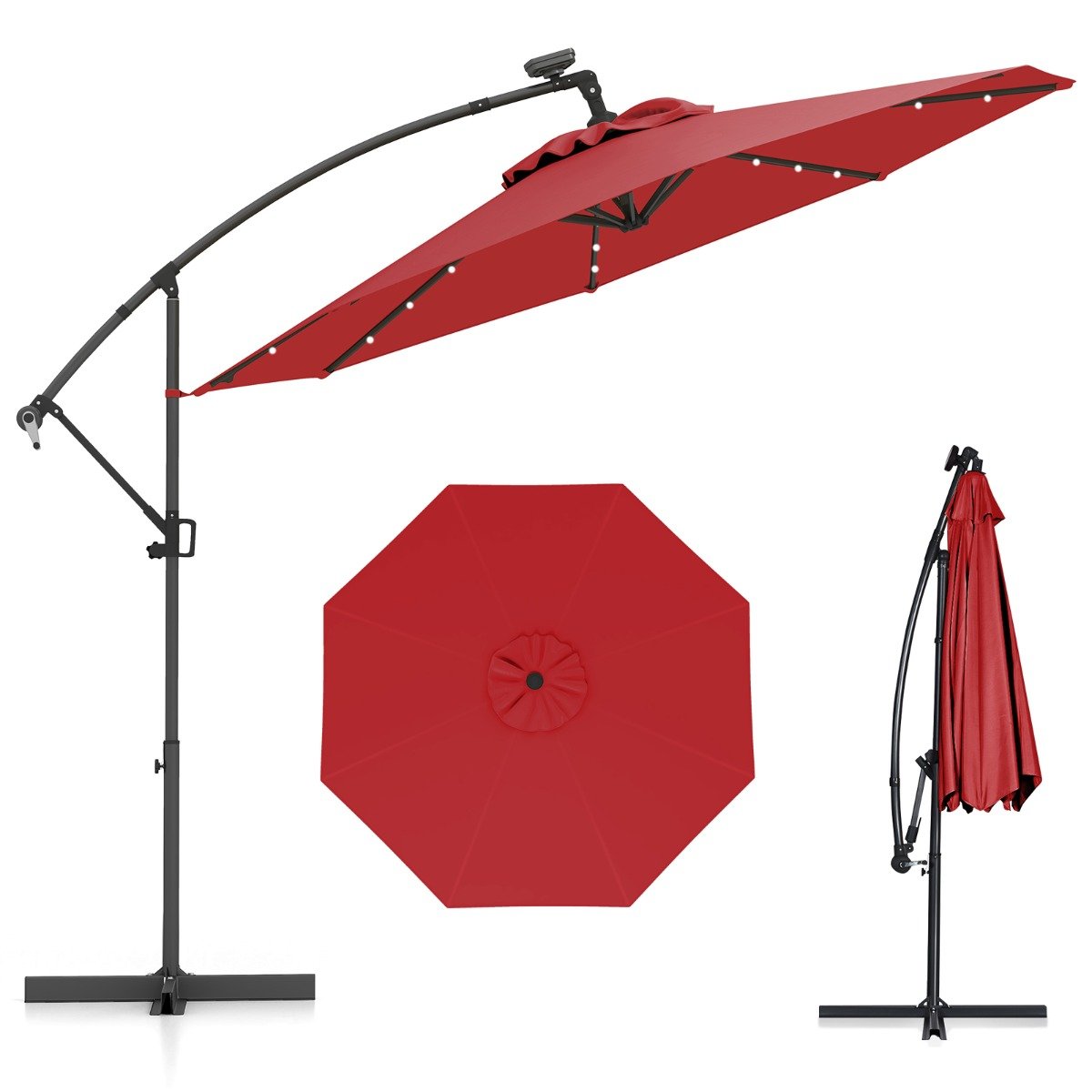 300 cm Sonnenschirm mit 32 Solar-LED-Leuchten & Kurbel Gartenschirm Marktschirm Rot