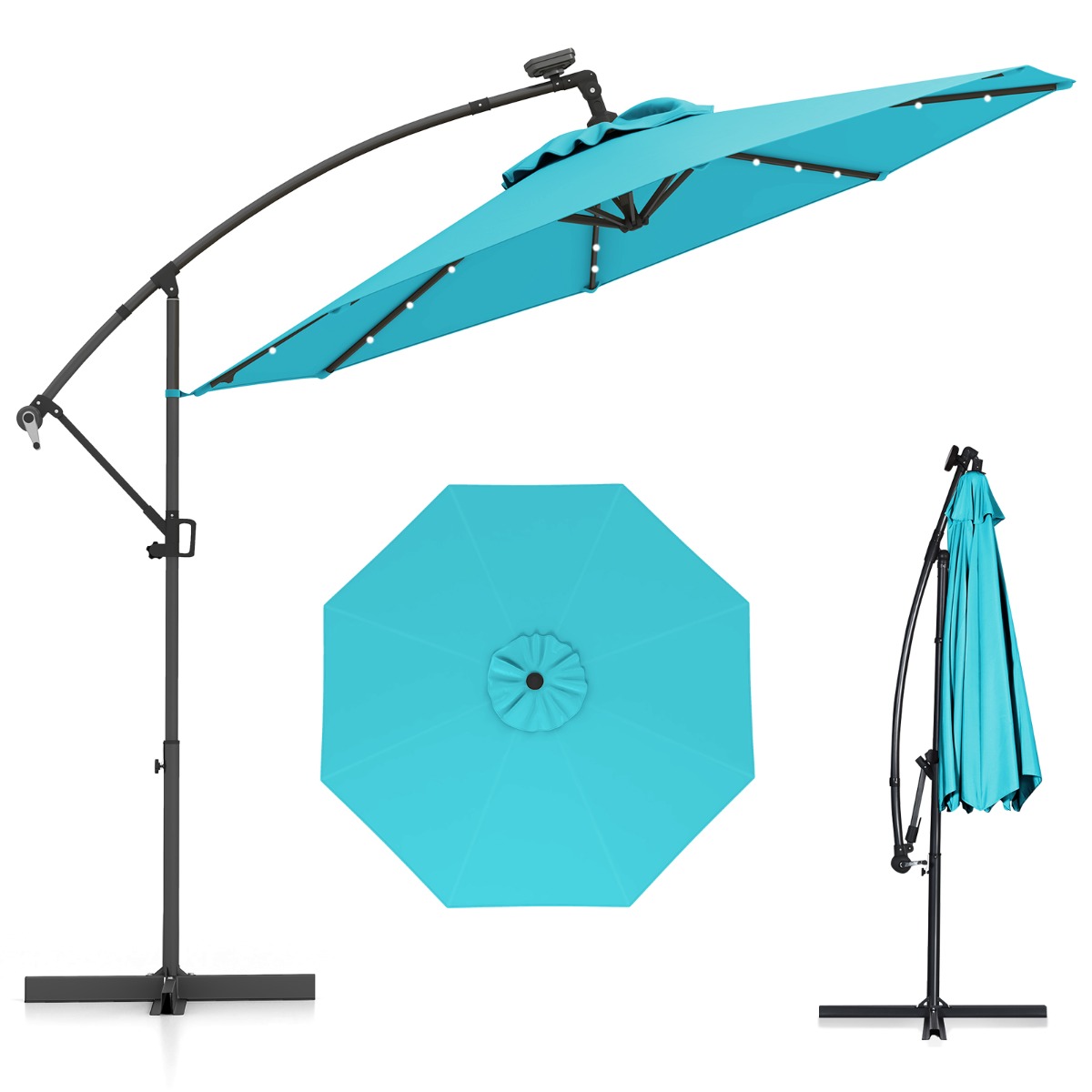 300 cm Sonnenschirm mit 32 Solar-LED-Leuchten & Kurbel Gartenschirm Marktschirm Türkis