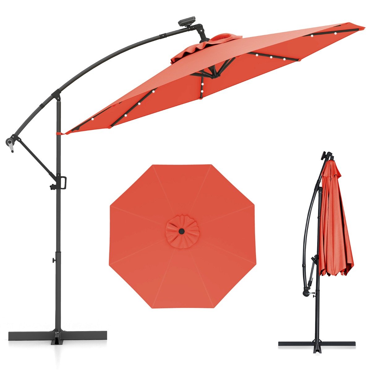 300 cm Sonnenschirm mit 32 Solar-LED-Leuchten & Kurbel Gartenschirm Marktschirm Orange