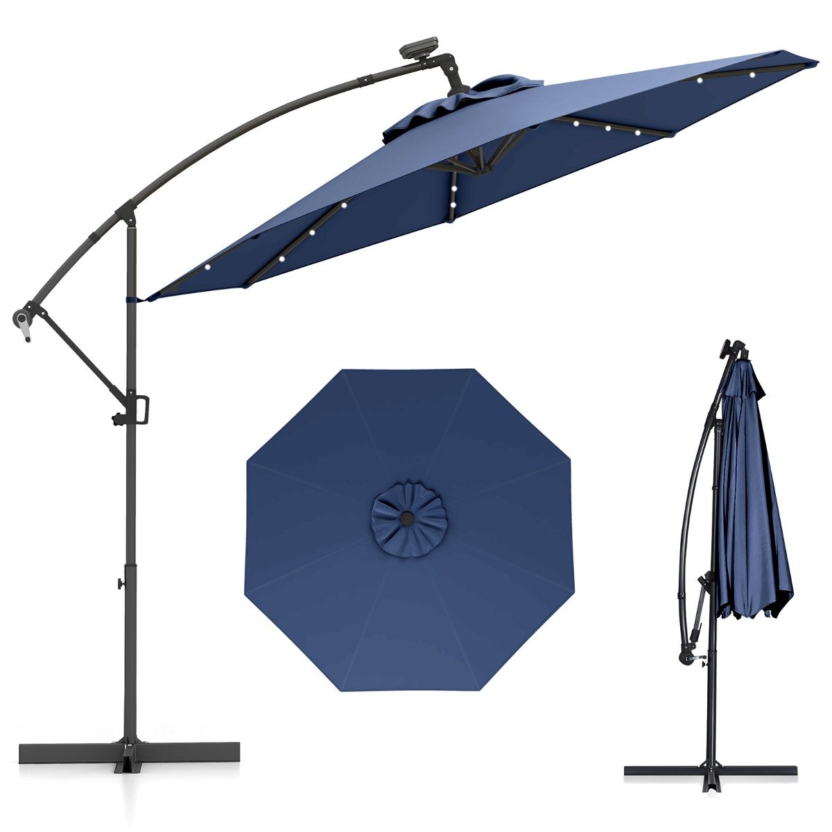 300 cm Sonnenschirm mit 32 Solar-LED-Leuchten & Kurbel Gartenschirm Marktschirm Dunkelblau