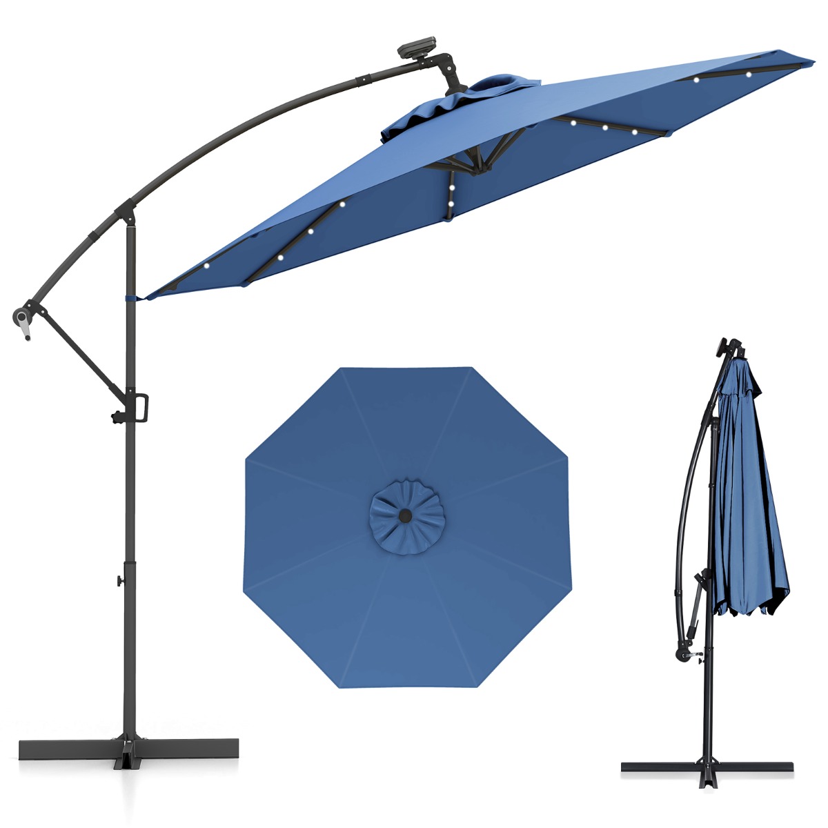 300 cm Sonnenschirm mit 32 Solar-LED-Leuchten & Kurbel Gartenschirm Marktschirm Blau