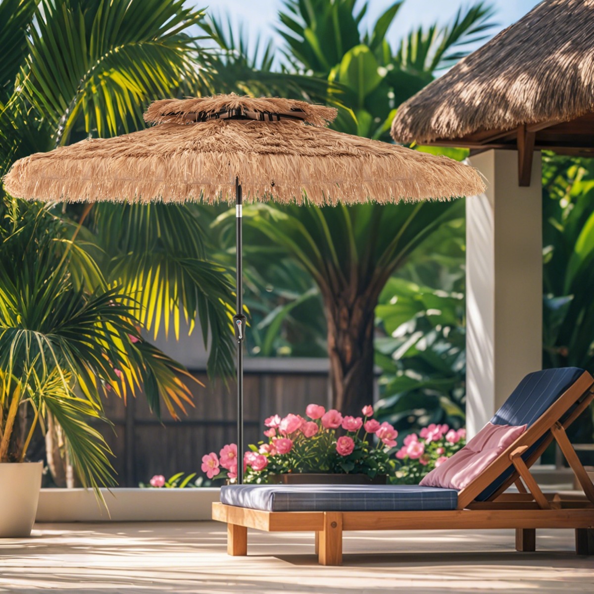 247 cm hoher Sonnenschirm im hawaiianischen Stil strohbedeckter Tiki-Terrassenschirm mit 8 Streben
