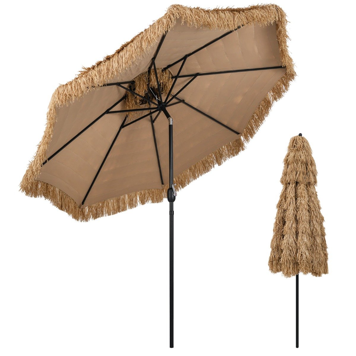 Hawaii Sonnenschirm mit Doppeldach Neigbarer Strohschirm Gartenschirm Stroh Strandschirm