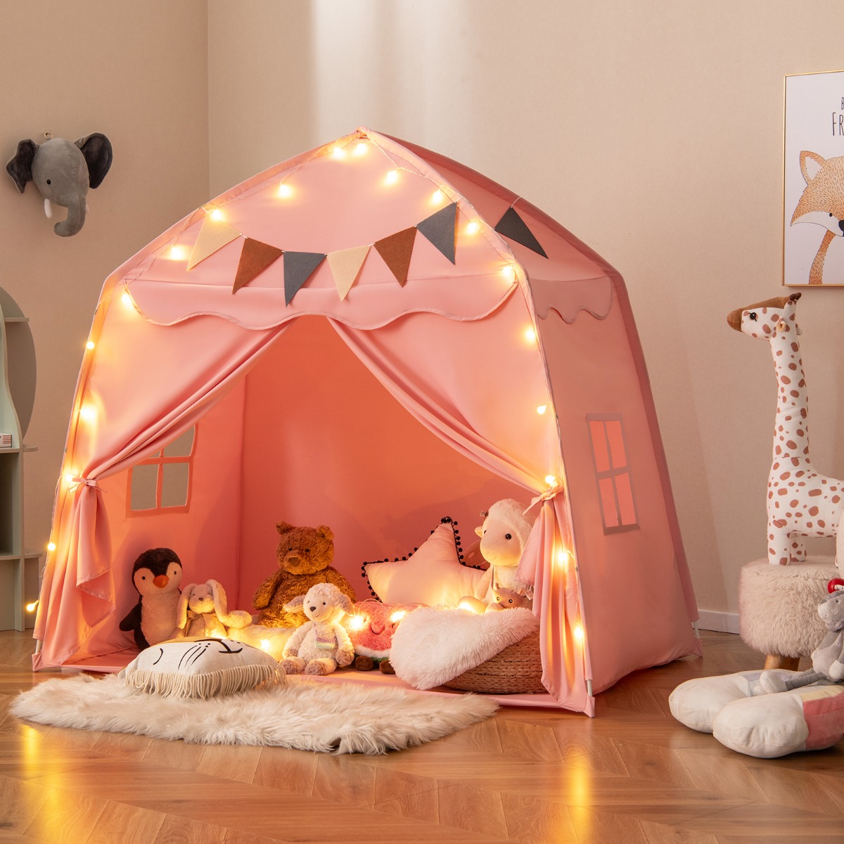 Spielhaus Kinder Indoor Kinderzelt mit Flaggen und Lichterketten Prinzessin Spielzelt Rosa