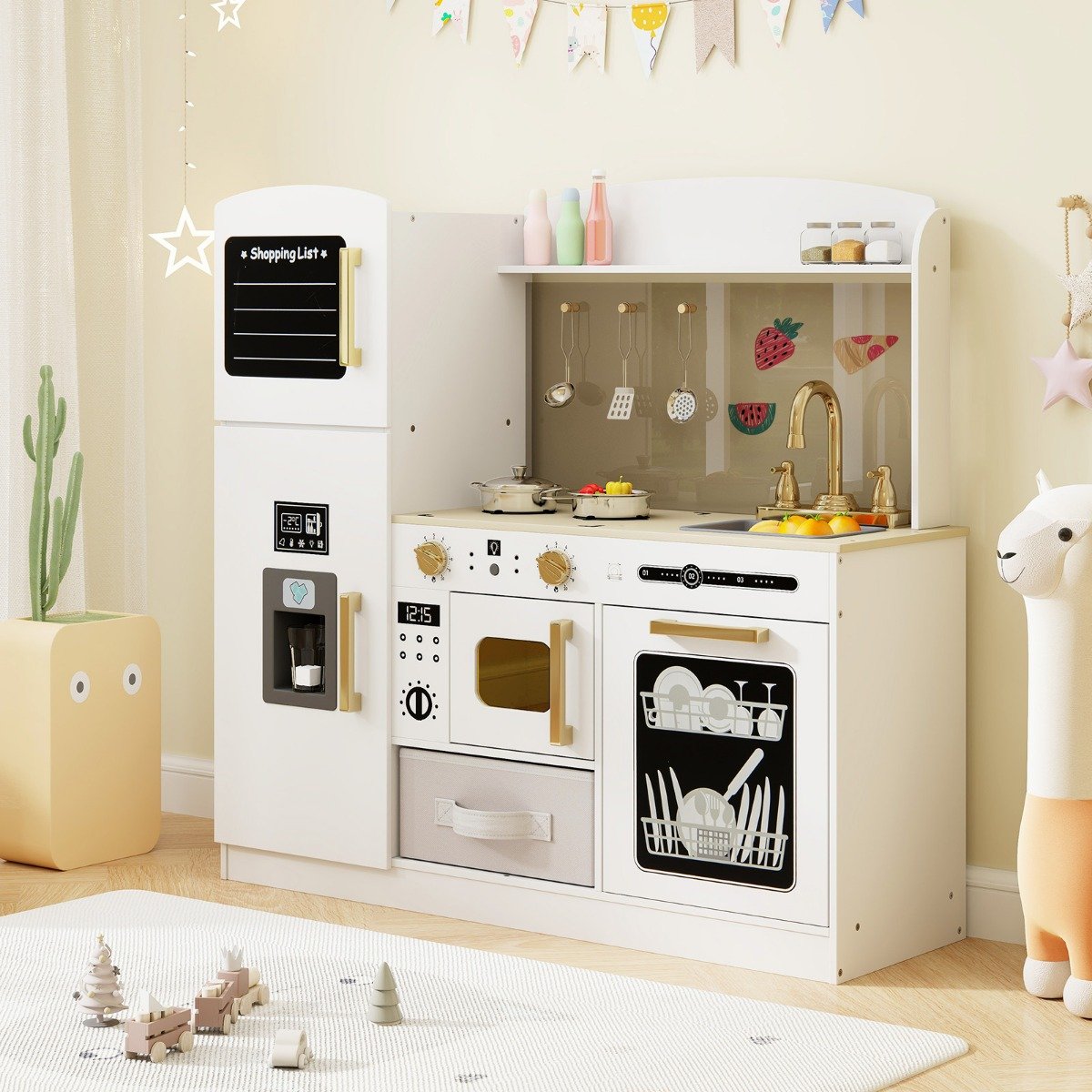 Kinderküche mit Zubehör Spielküche mit Schreibtafel Eismaschine Spüle Spielzeugküche Weiß