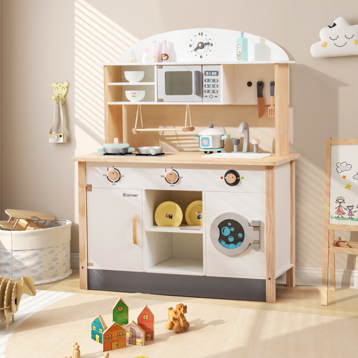 Kinderküche aus Holz inkl. 17 Zubehör mit Mikrowelle & Waschmaschine & Herde Weiß