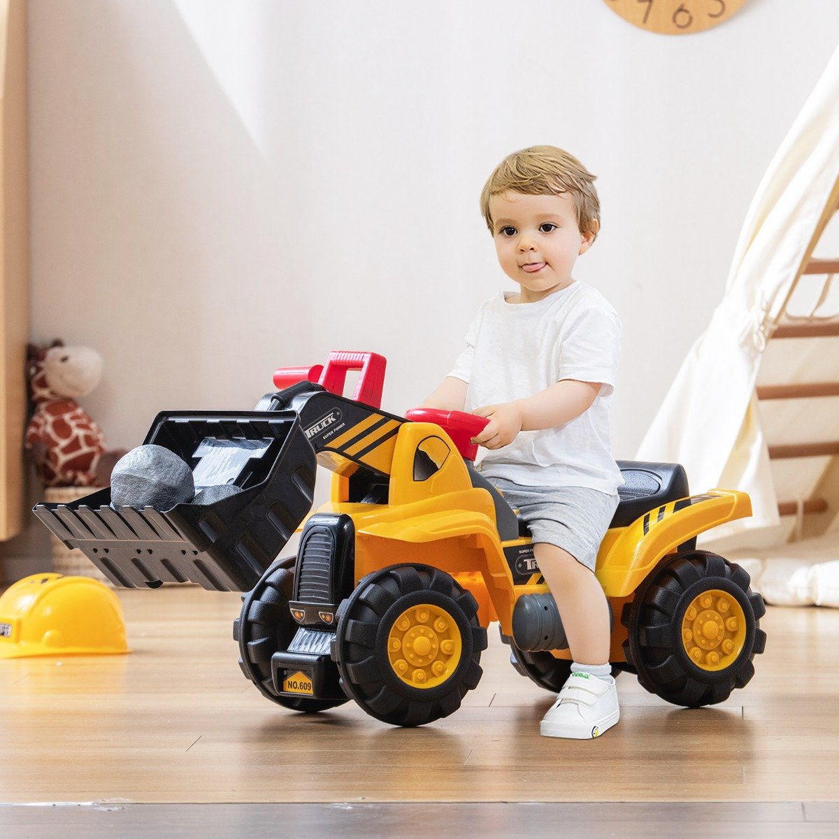 Sitzbagger mit Eingebautem Ablagefach Kinderbagger mit 4 Sound-Tasten Bagger Spielzeug