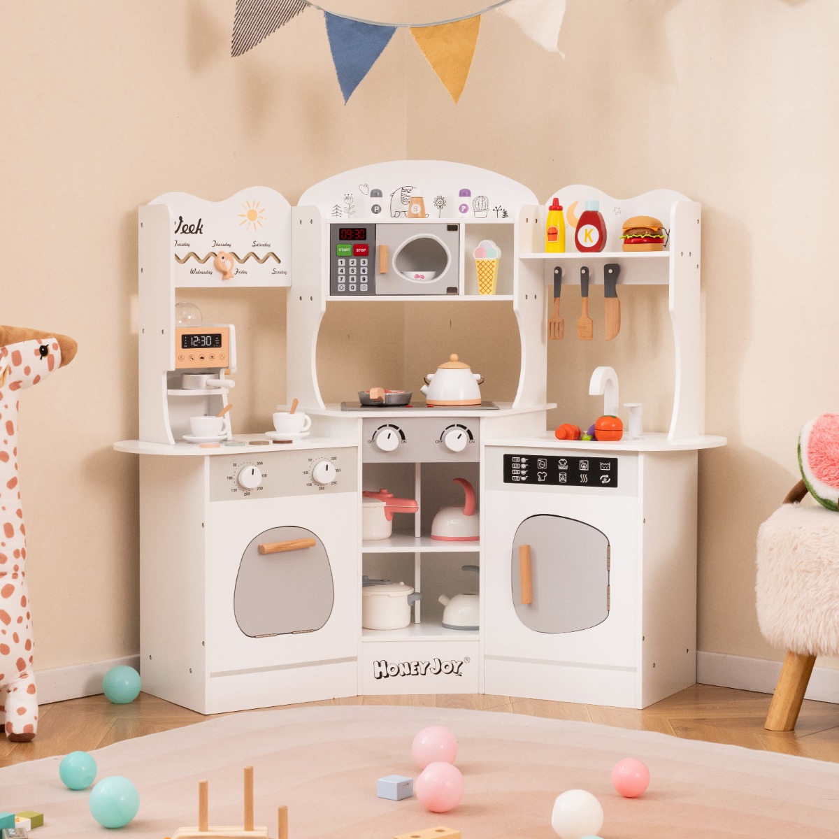 Holz Eck Spielküche mit Sound & Licht & Kaffeemaschine & Rutsche Kleinkind Küchen Spielset Weiß
