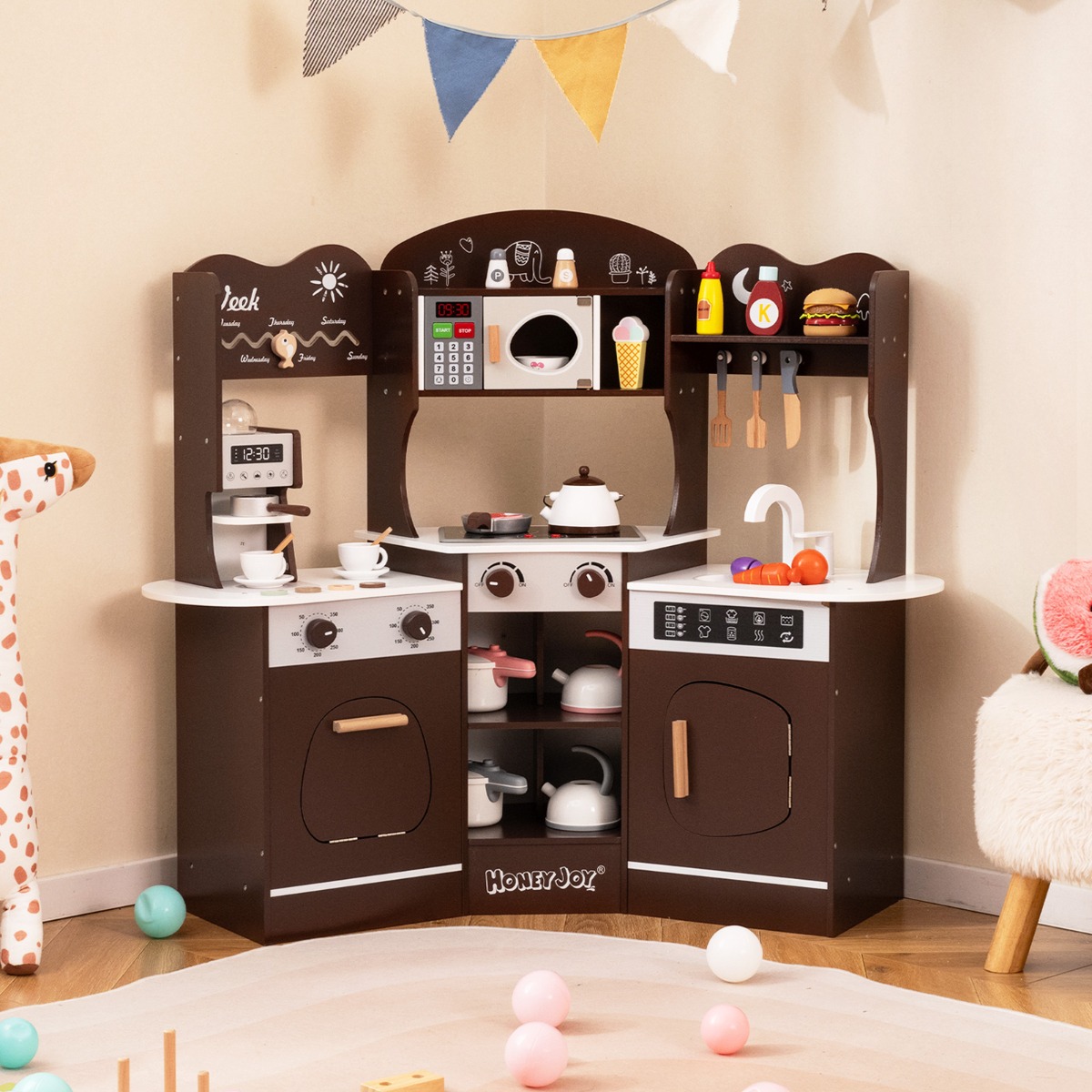 Holz Eck Spielküche mit Sound & Licht & Kaffeemaschine & Rutsche Kleinkind Küchen Spielset Braun