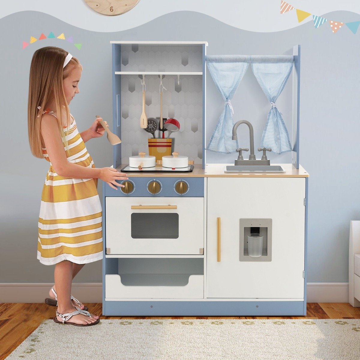 Kinderküche mit Vorhängen & Herd & Spüle & Ofen & Wasserspender Spielküche für Kinder ab 3 J.