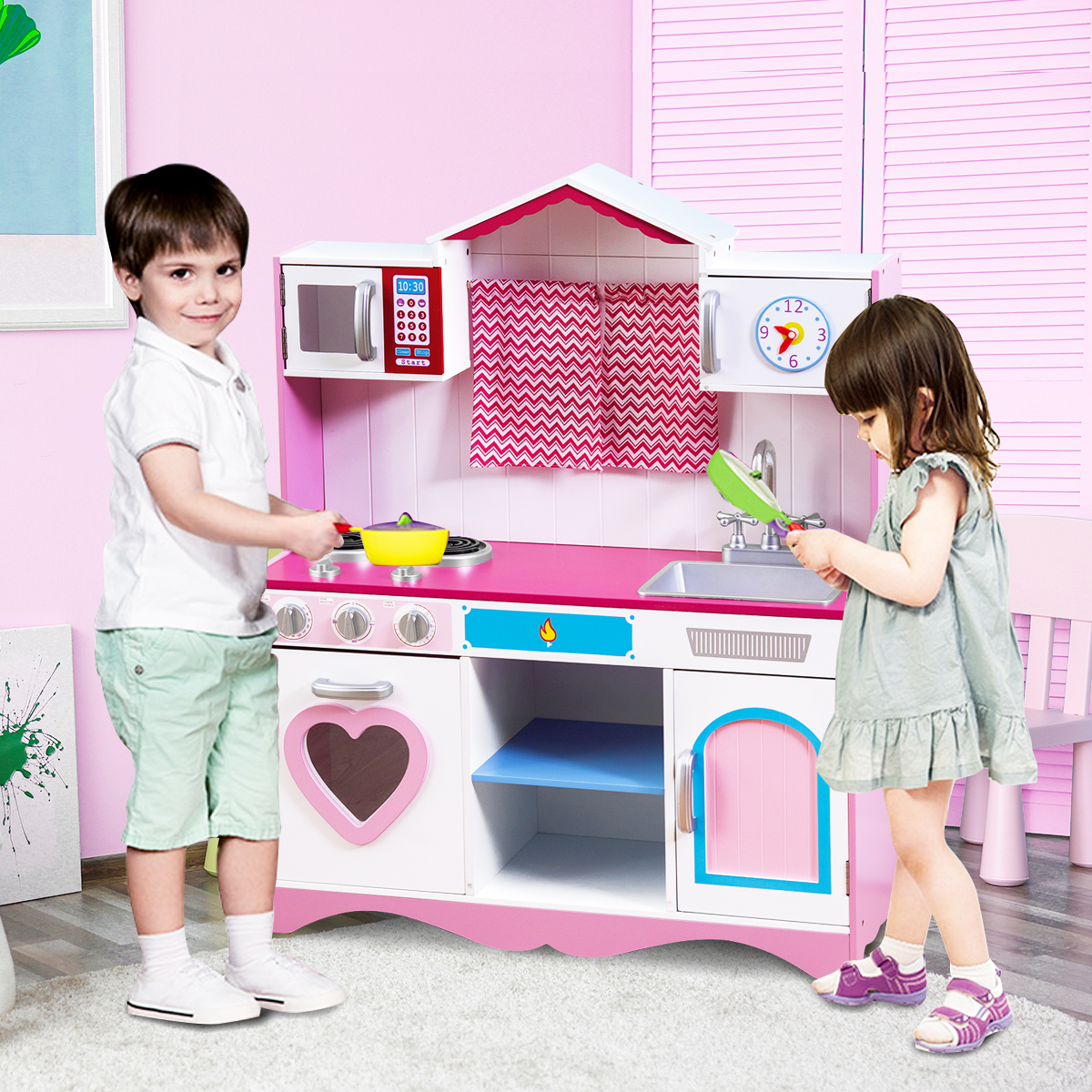 Kinderküche Spielküche aus Holz mit Abnehmbare Spüle Mikrowelle Backofen Kinder Küche Rosa