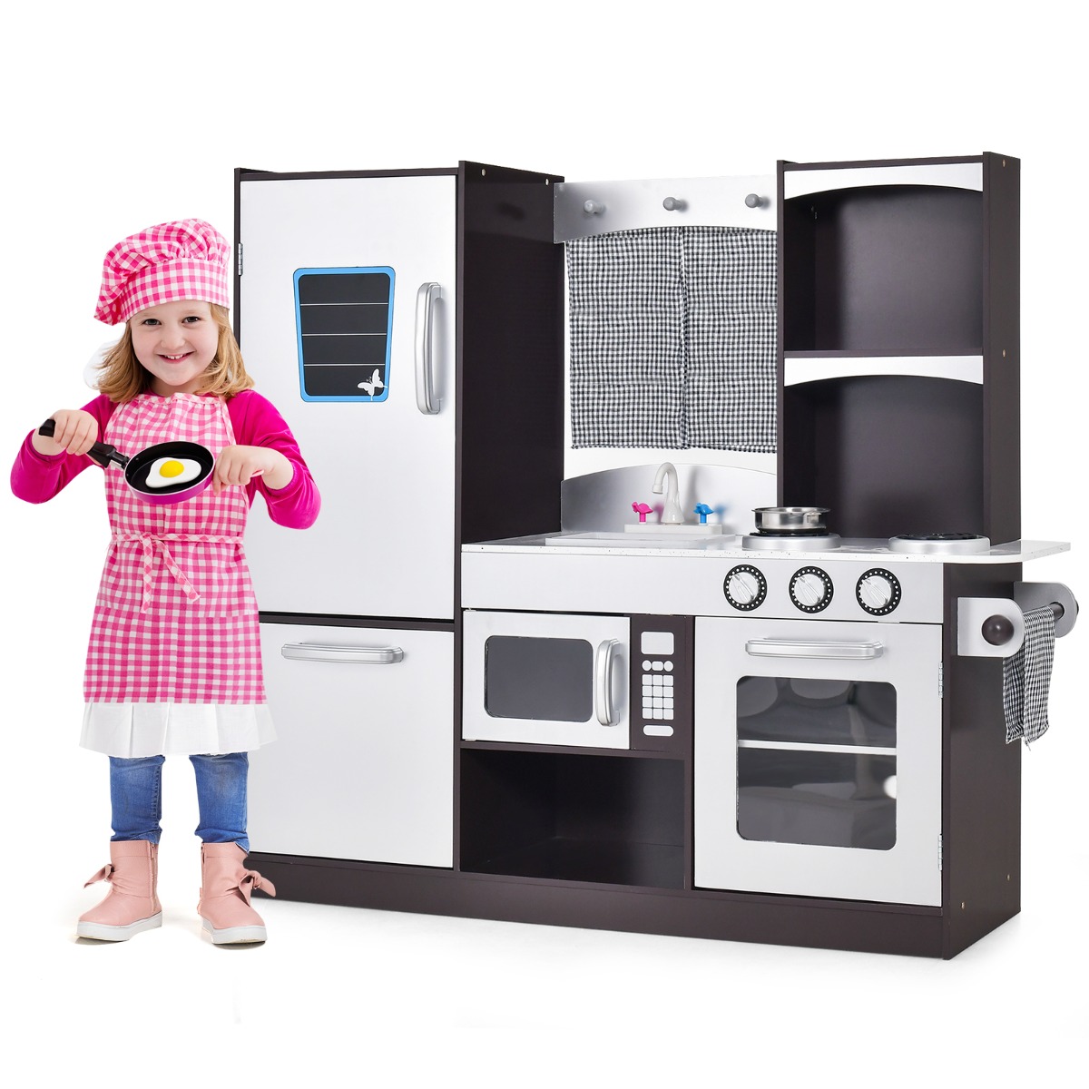 Kinderküche aus Holz Kinder Spielküche mit Kühlschrank & Viel Stauraum 97 x 30 x 95 cm Braun