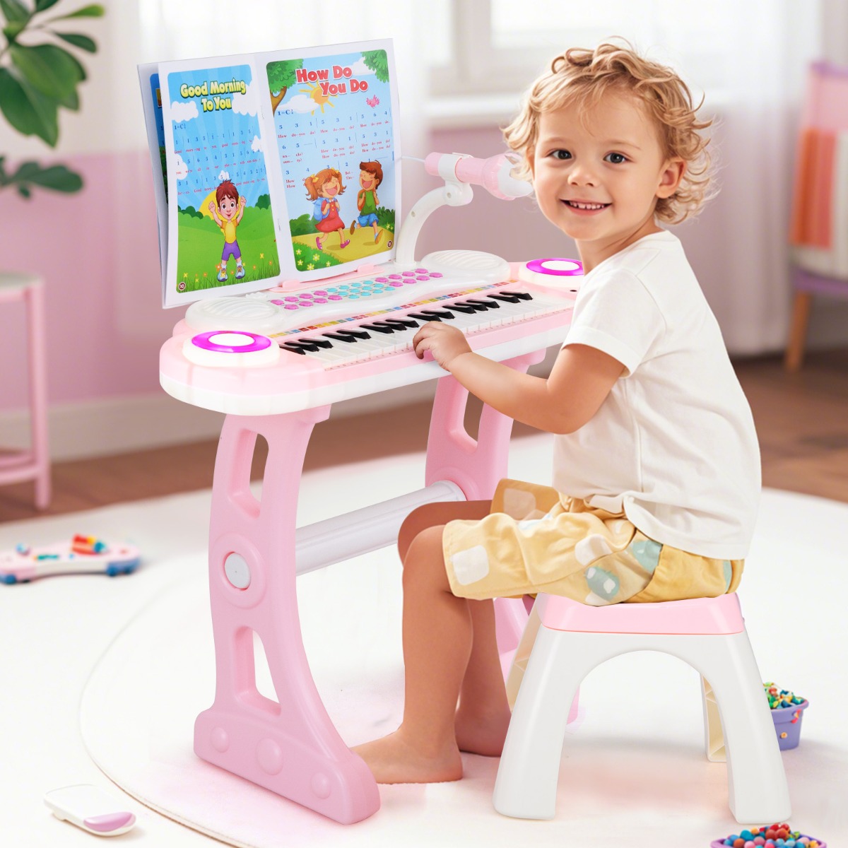 37 Tasten Klaviertastatur mit Licht Elektro Kinder Keyboard Aufnahme & Wiedergabe Spielzeugklavier Rosa