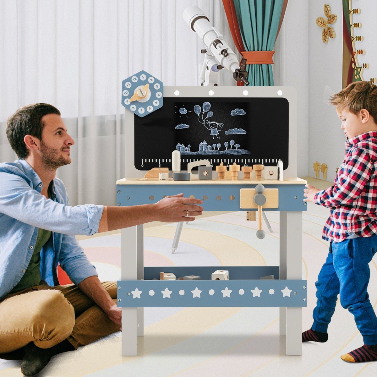 Kinder Werkbank aus Holz mit Tafel & Uhr & 61 Zubehören für Kinder ab 3 Jahren Blau