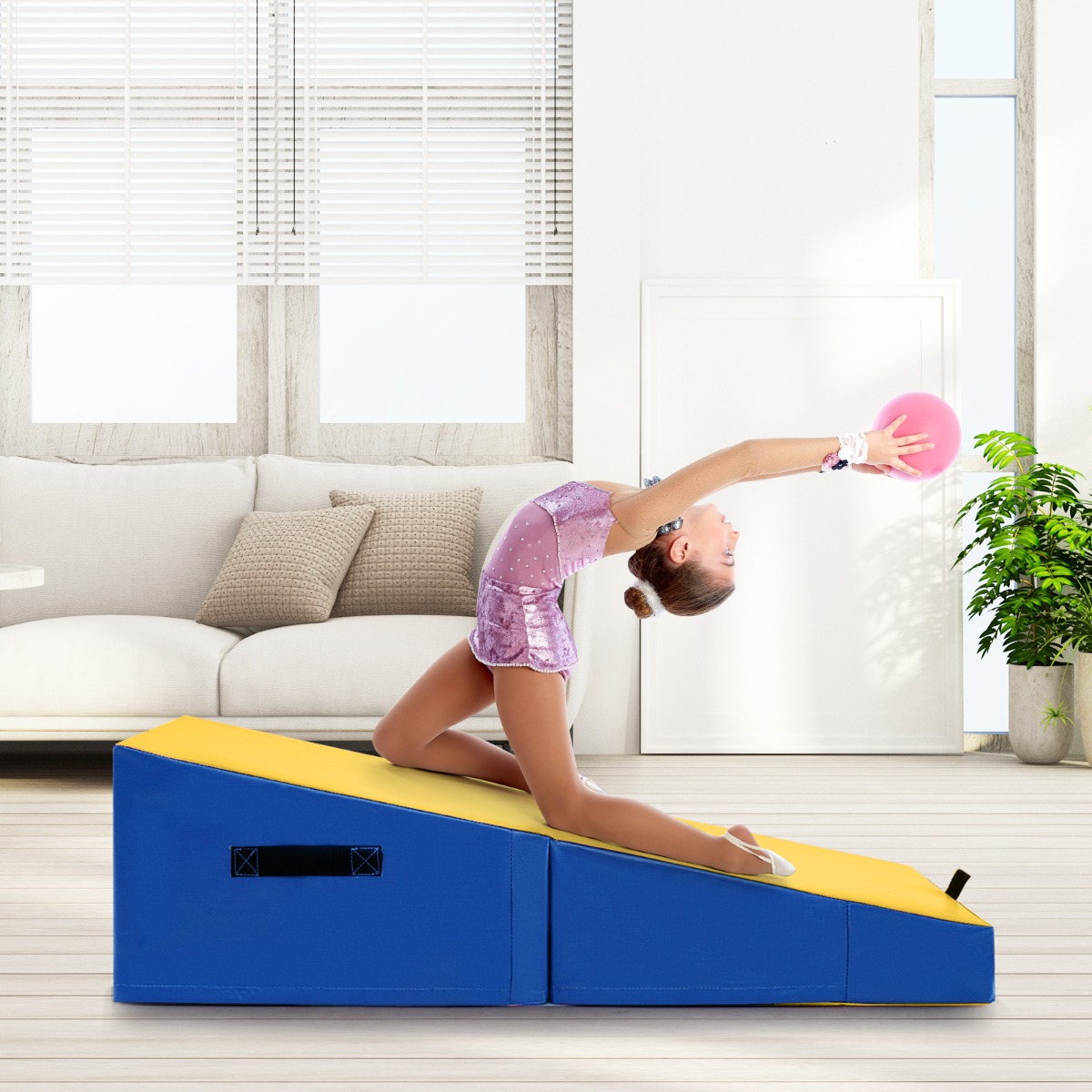2 in 1 Turnmatte mit Tragegriff Schräge Gymnastikmatte Keilförmige Weichbodenmatte Gelb