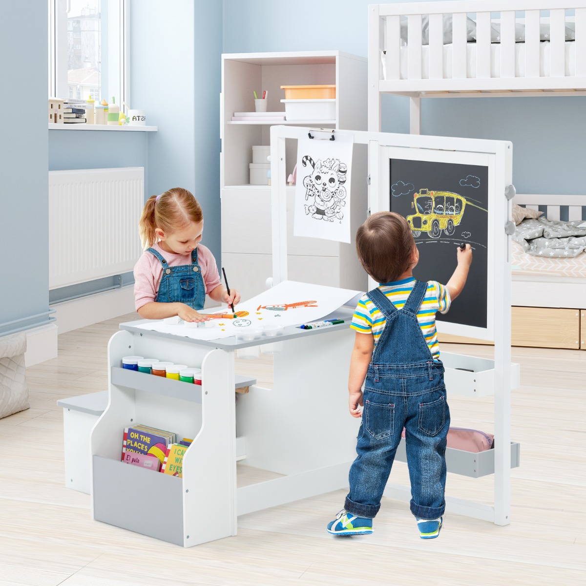 6 in 1 Kinder Staffelei Set Standtafel aus Holz mit doppelseitiger Kreidetafel Hellgrau