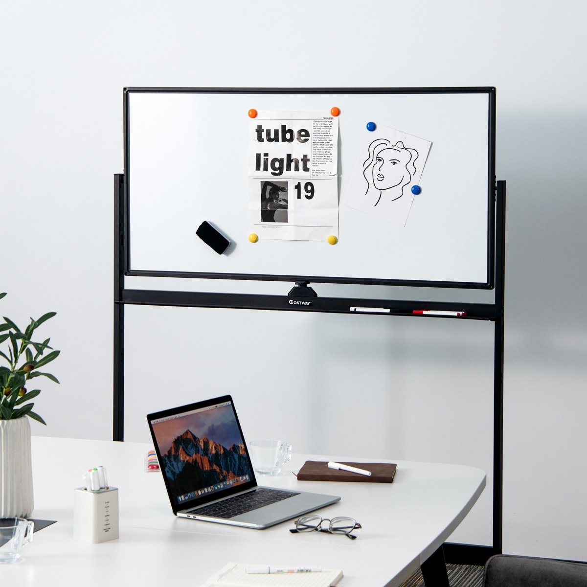 Doppelseitiges magnetisches mobiles Whiteboard mobile rollende Weißwandtafel für Büro Schwarz