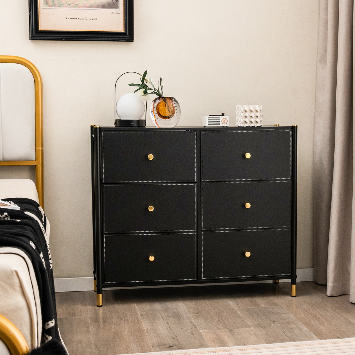 Kommode für Schlafzimmer mit 6 Schubladen hohe Stoffkommode mit Metallrahmen 89 x 30 x 76,5 cm Schwarz
