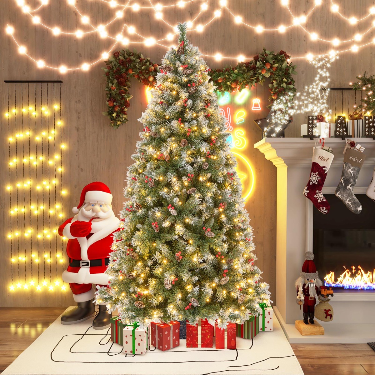 195 cm Künstlicher Weihnachtsbaum mit Beleuchtung & Schnee & Tannenzapfen & Roten Beeren