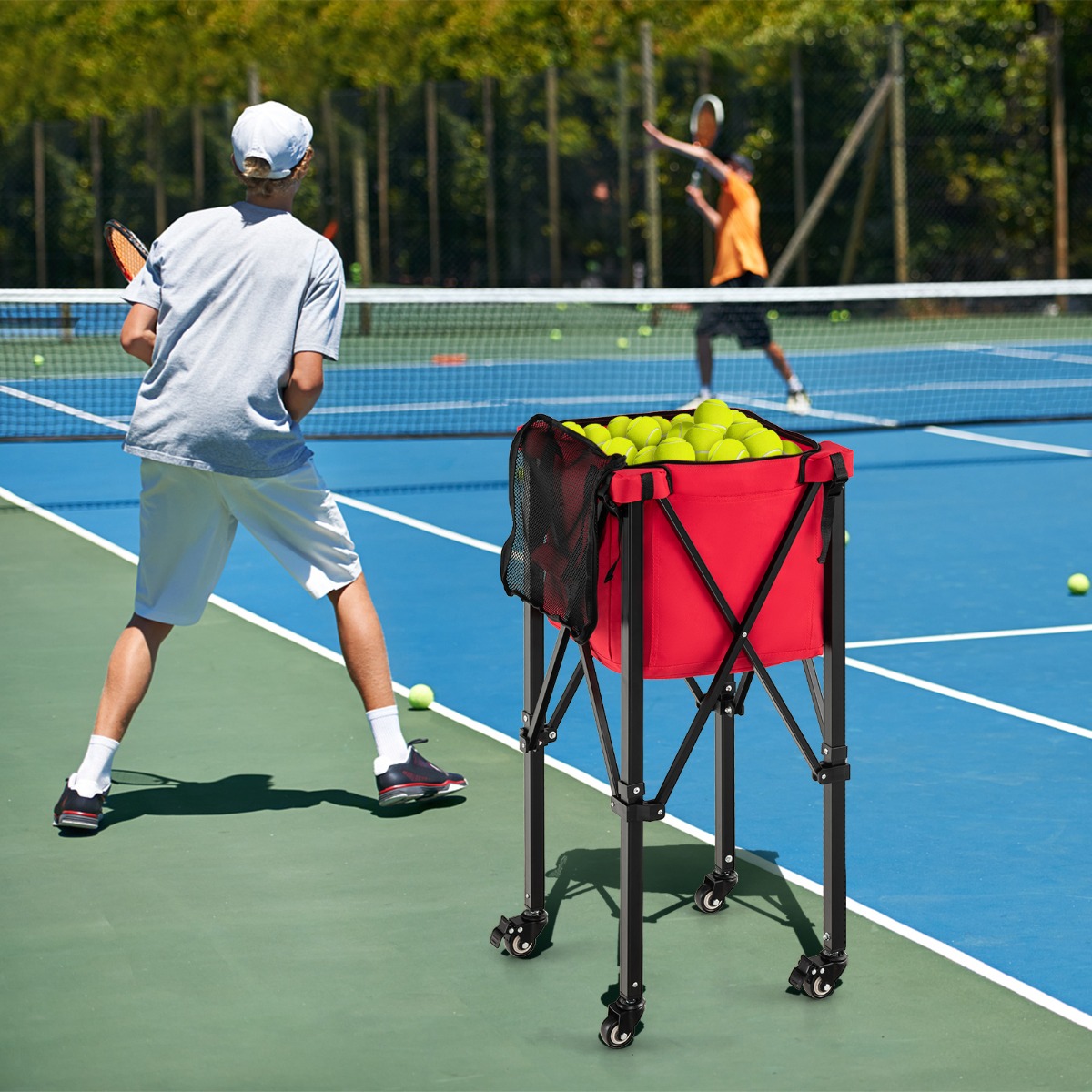 Zusammenklappbarer Tennisballwagen mit Rädern abnehmbarer Tasche Seitentaschen & Tragetasche tragbarer Ballwagen für 150 Tennisbälle Rot