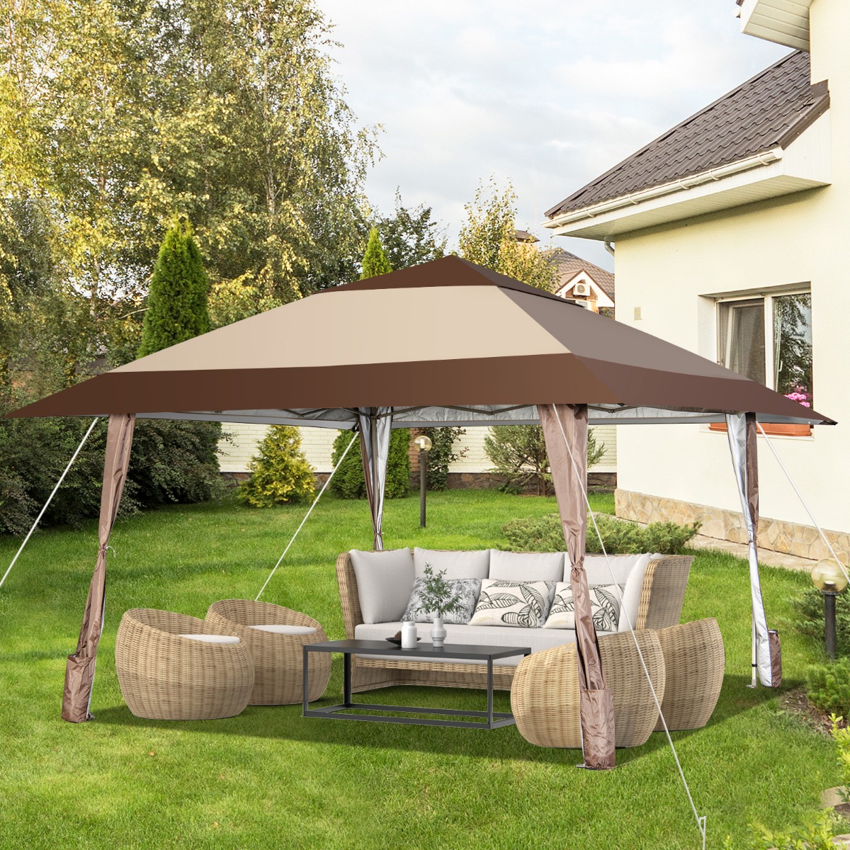 4 m x 4 m Terrassen-Pavillon Überdachungszelt mit Rädern Beige